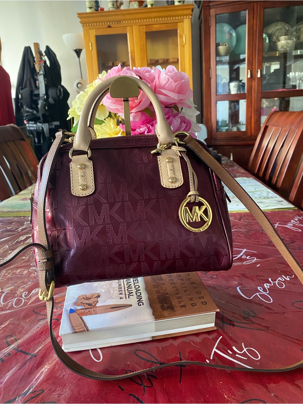 Michael Kors Grayson Wine Satchel with Cream Handles and Gold MK Charm